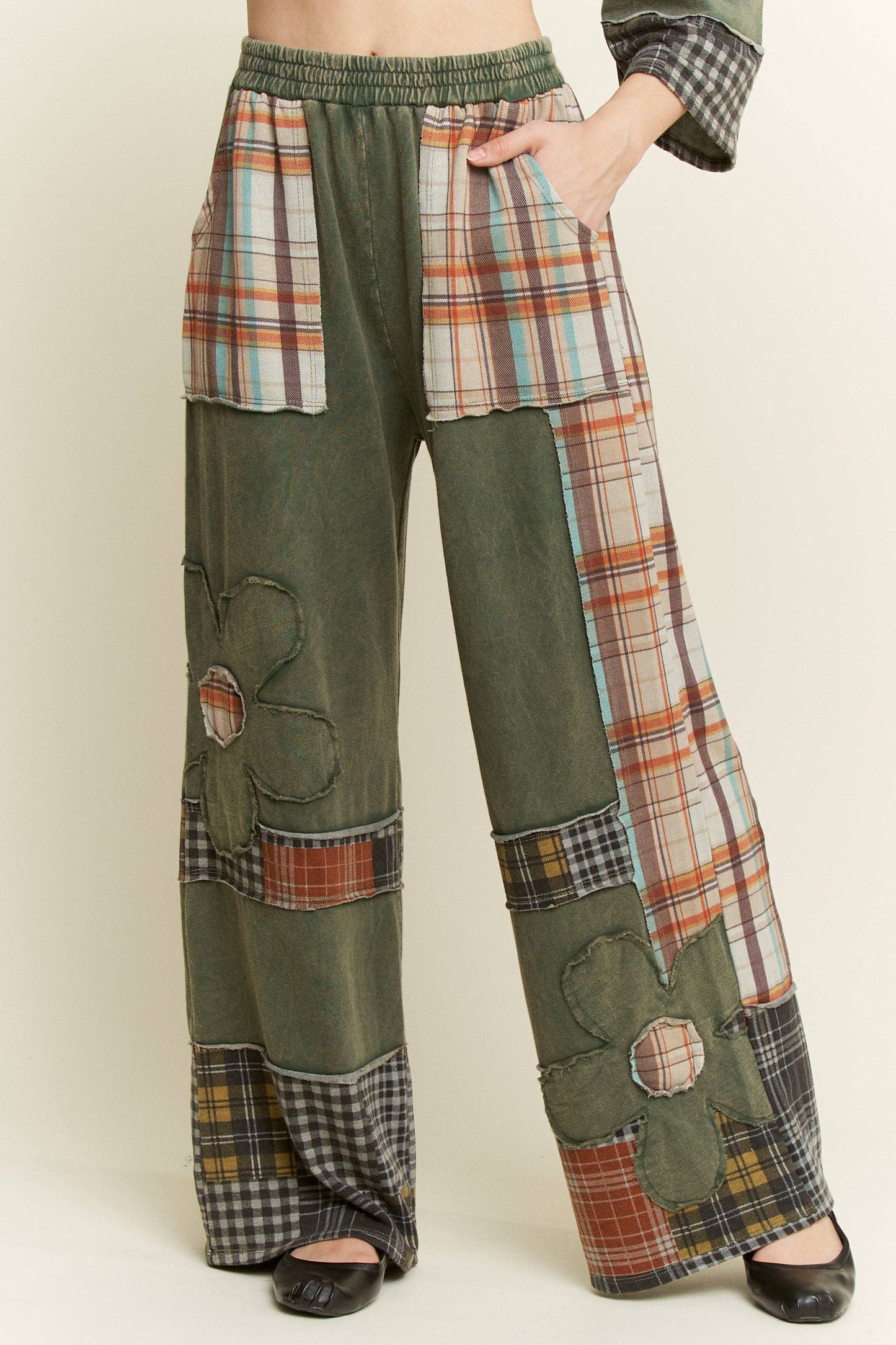 Massie Mineral Washed Plaid Daisy Pants ~ Dark Olive