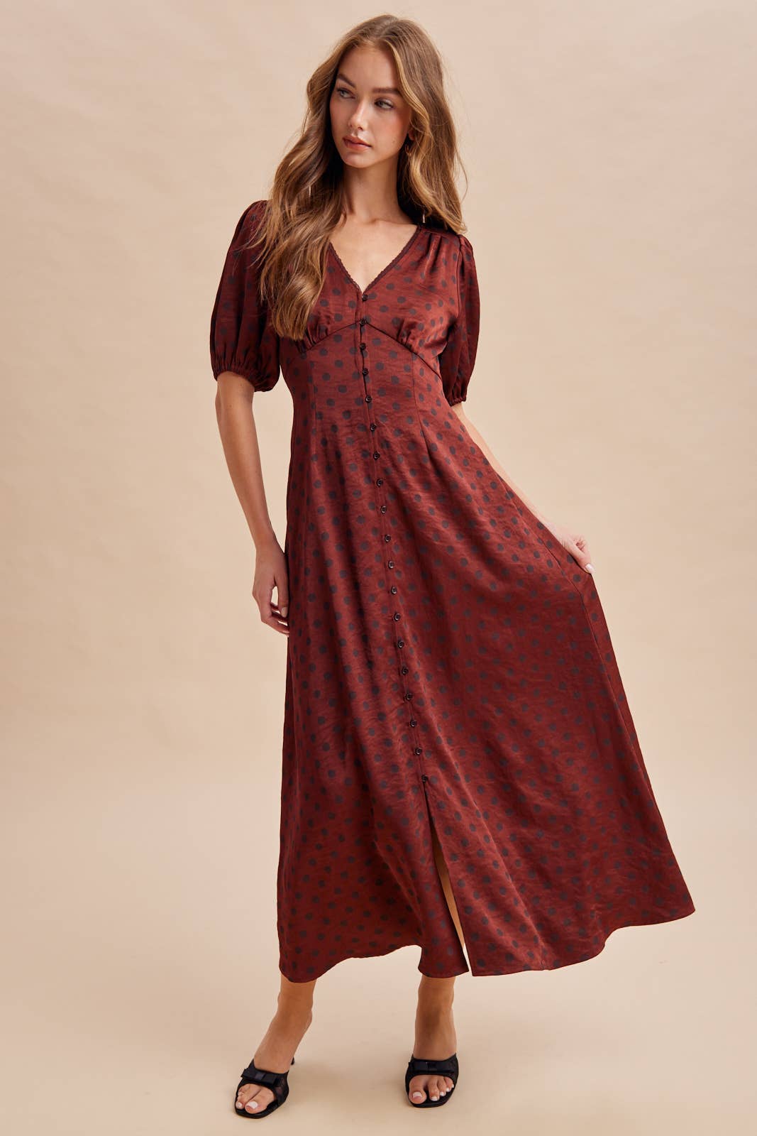 Melanie Satin Polka Dot Button Down Dress ~ Bordeaux