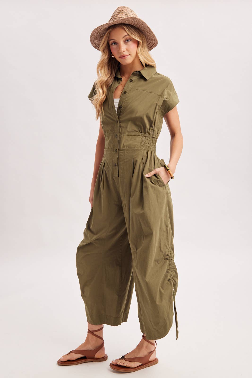 Megan Button Down Utility Jumpsuit ~ Olive