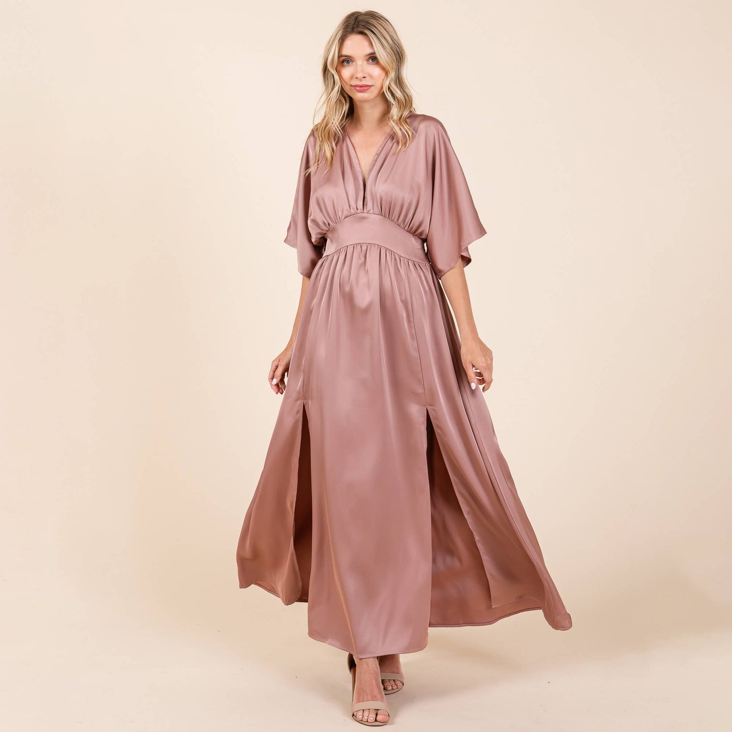 Selma Satin Kimono Maxi Dress ~ Dusty Rose