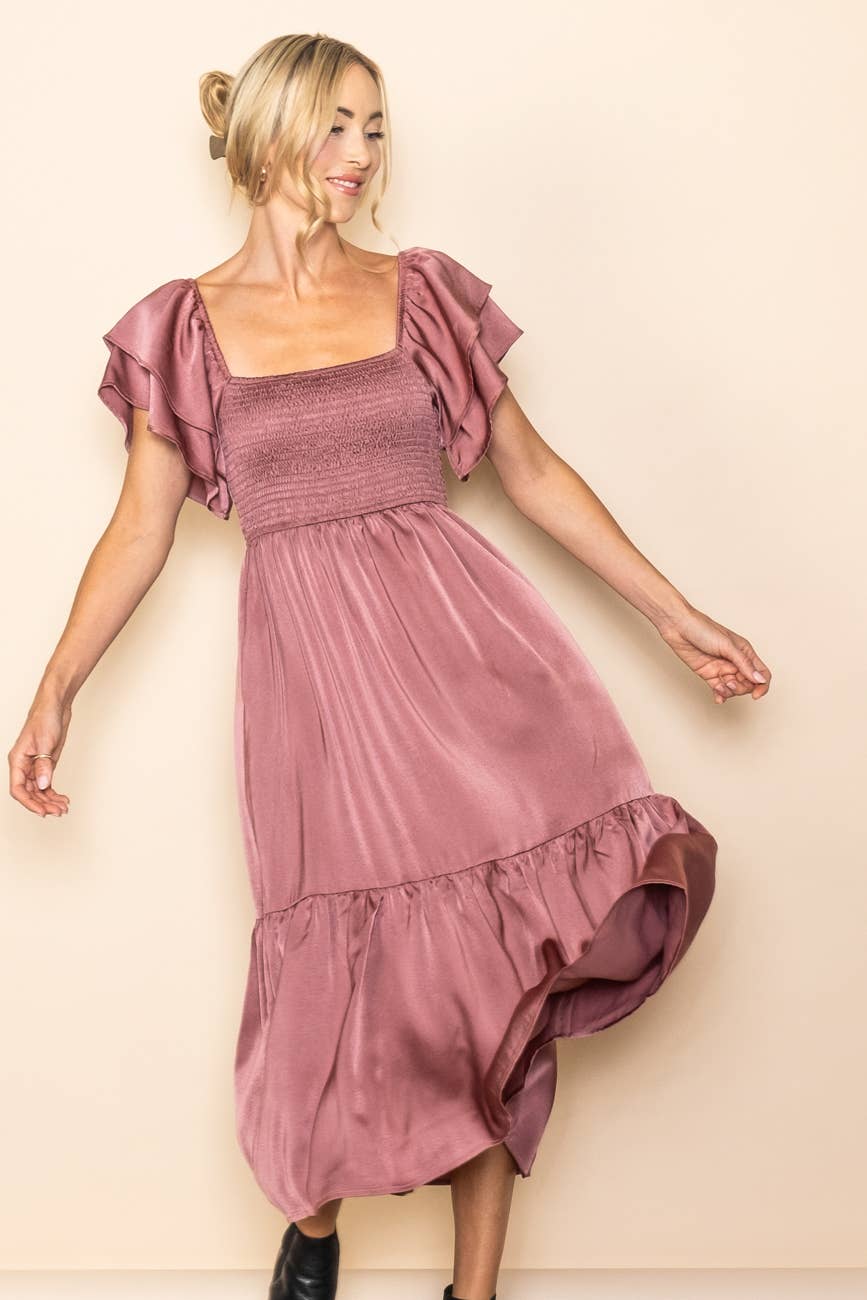 Sloane Satin Flowy Flutter Sleeve Smocked Dress
