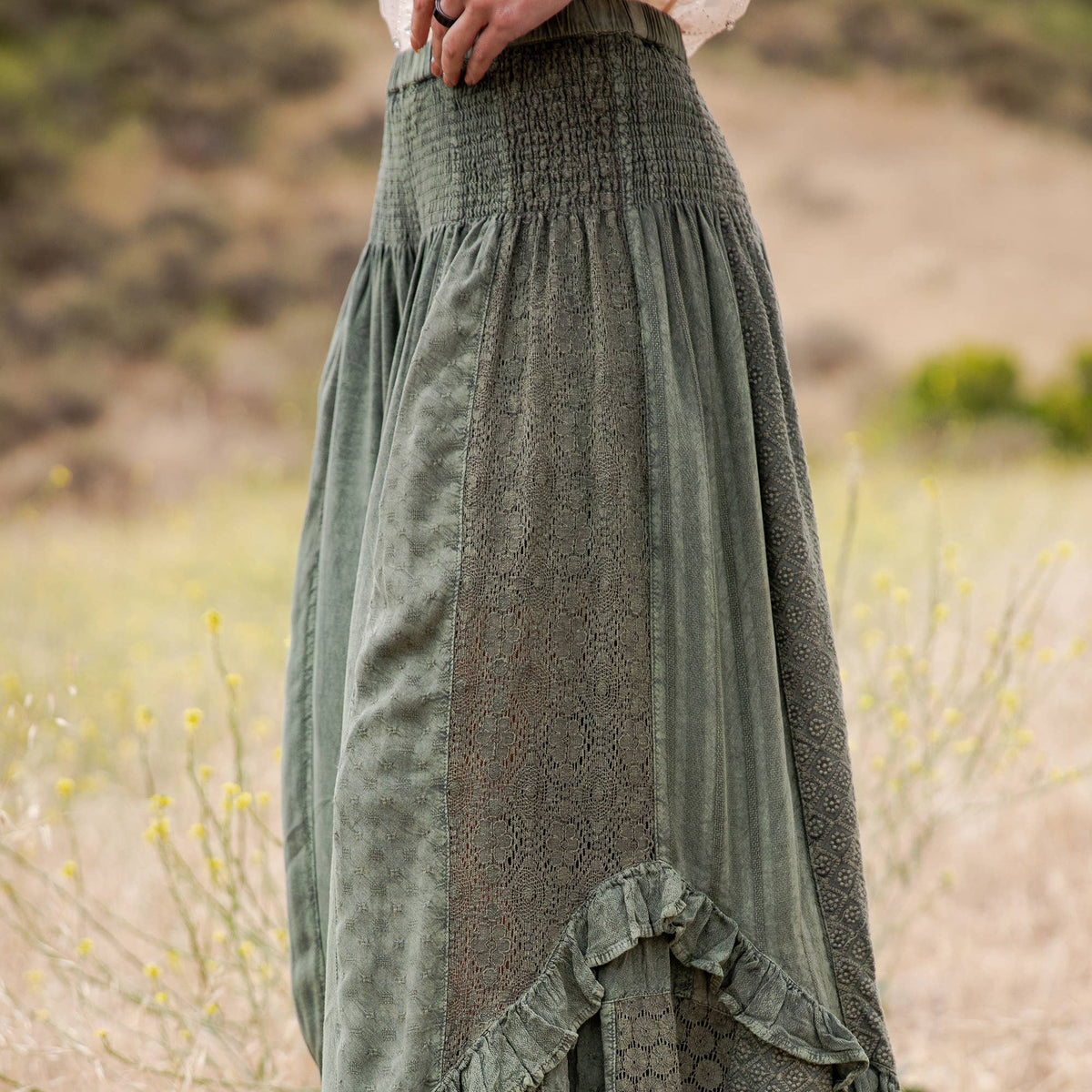 Boho Smocked Mineral Wash Lace Tiered Ruffle Pants ~ Basil