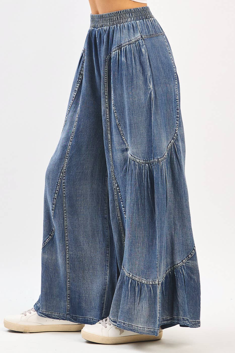 Katie Washed Chambray Wide Leg Pants ~ Dark Denim