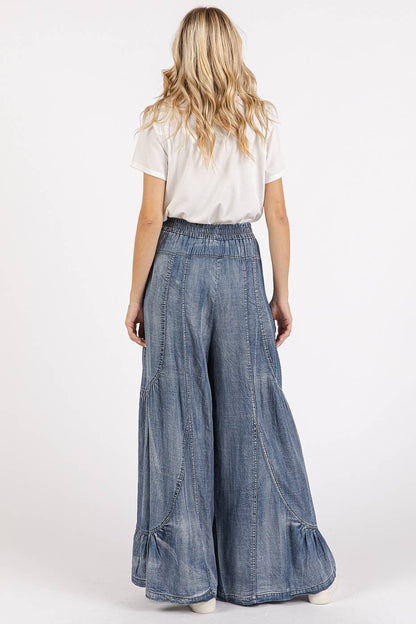 Nellie Washed Tier Detail Wide Leg Pants ~ Chambray