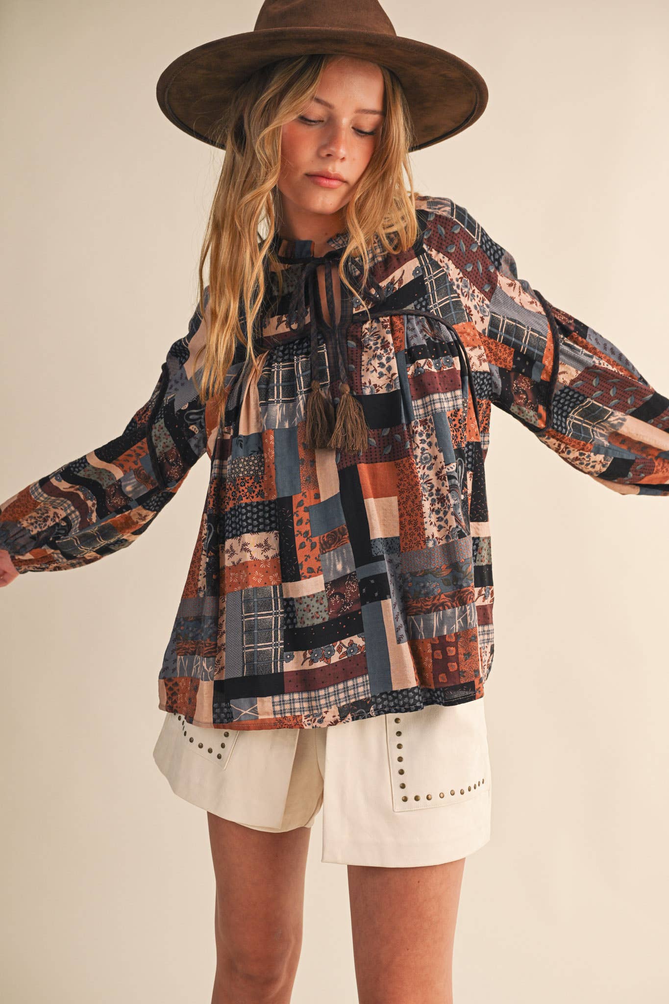Layla Boho Patchwork Babydoll Top ~ Brown