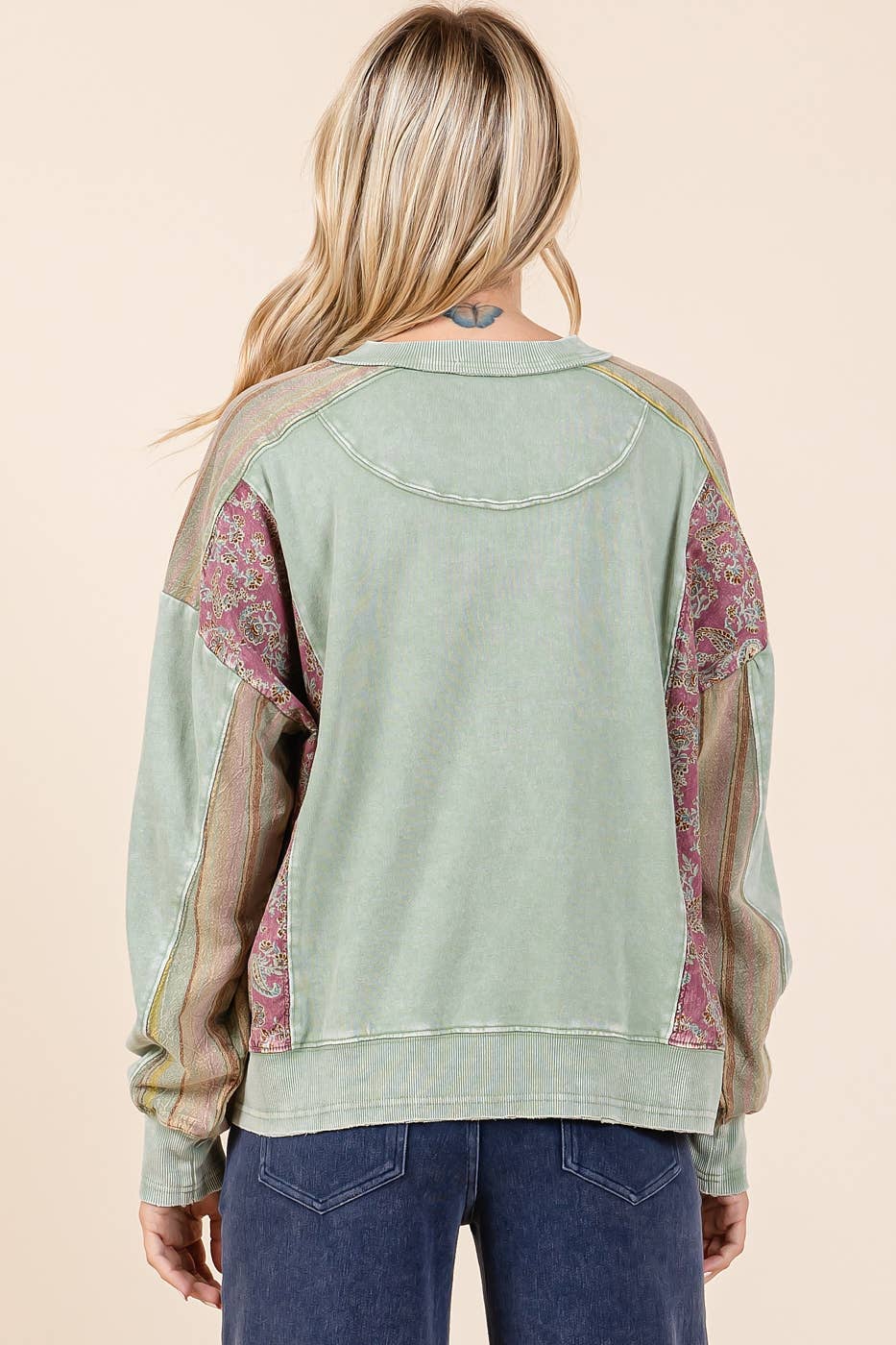 Carrie Patchwork Mineral Wash Pullover ~ Sage