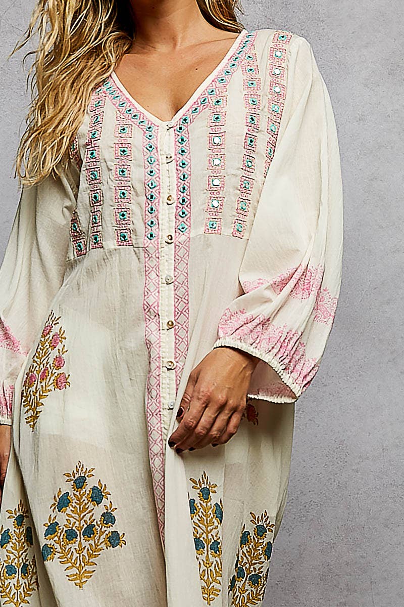 POL Embroidered Floral Maxi Dress ~ Natural
