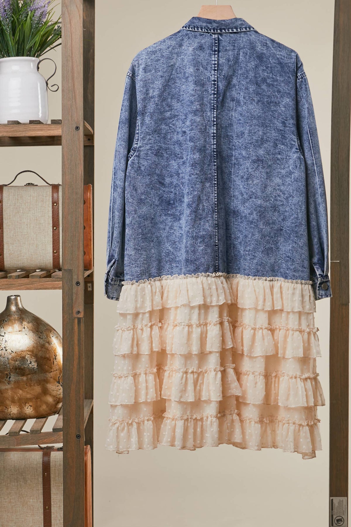 Sharron Floral Patch Washed Denim Lace Shirt Dress Ruffle ~ Indigo Blue