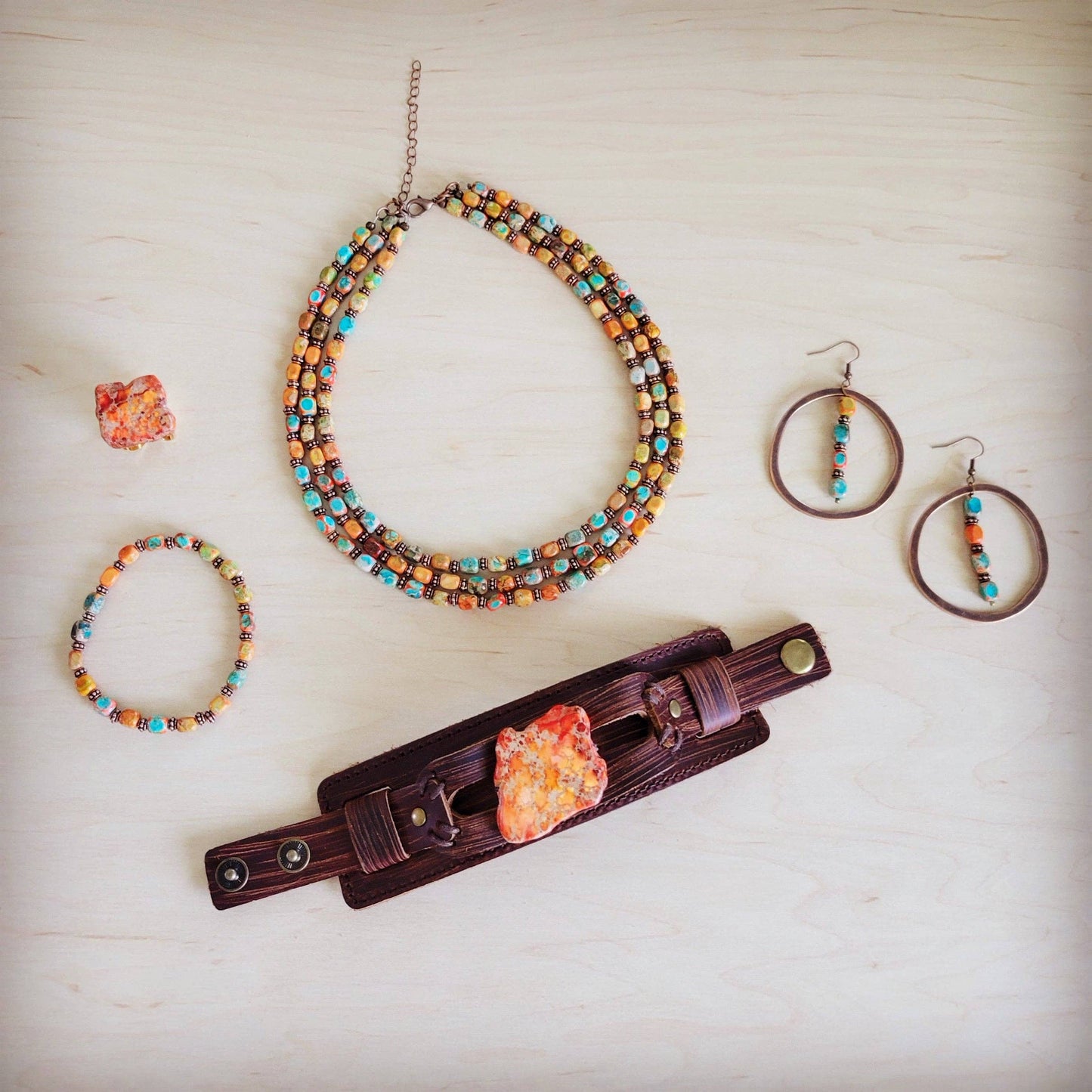 Triple Strand Layered Boho Sunrise Regalite Necklace
