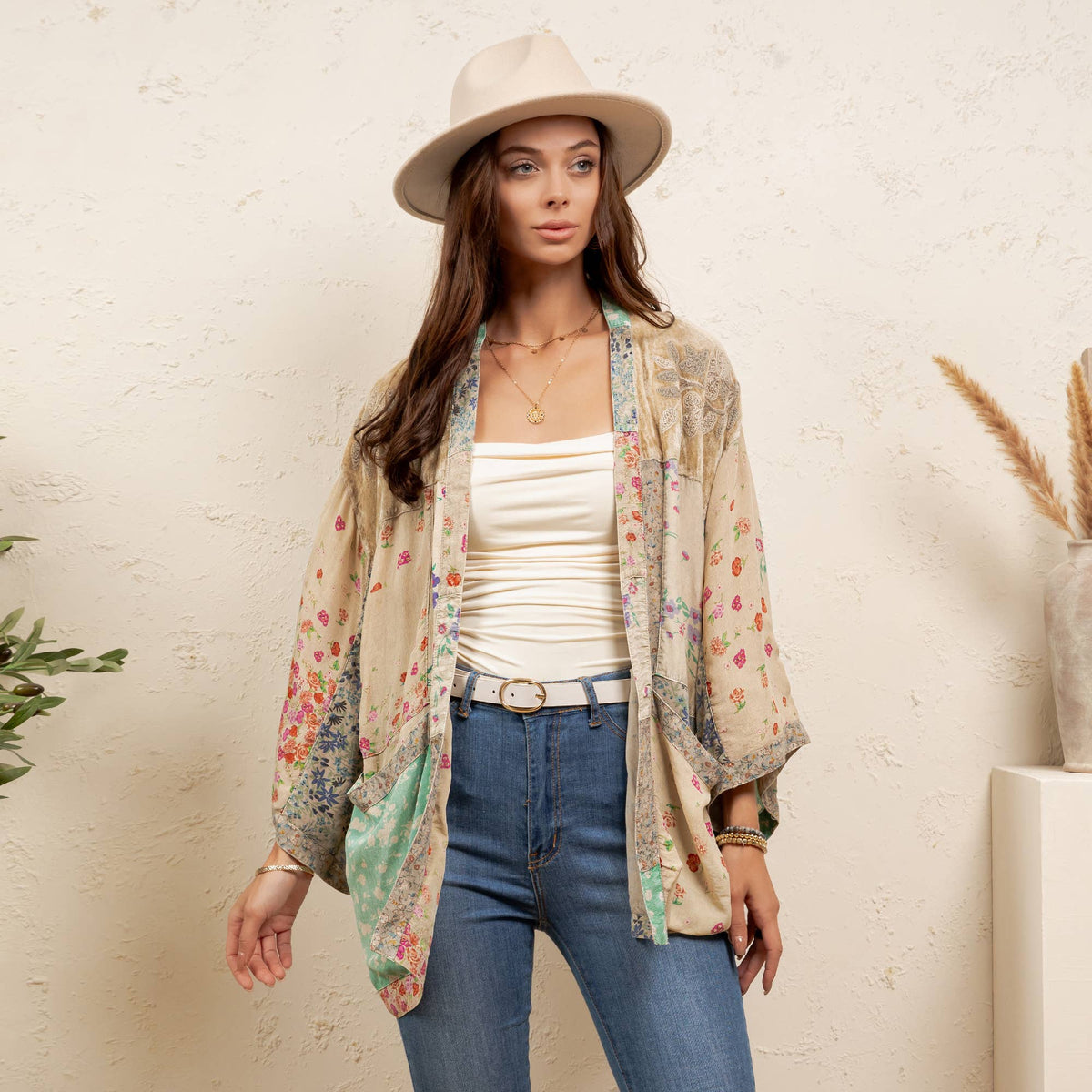 Veronia Vintage Overdyed Mixed Print Kimono Top ~ Sand