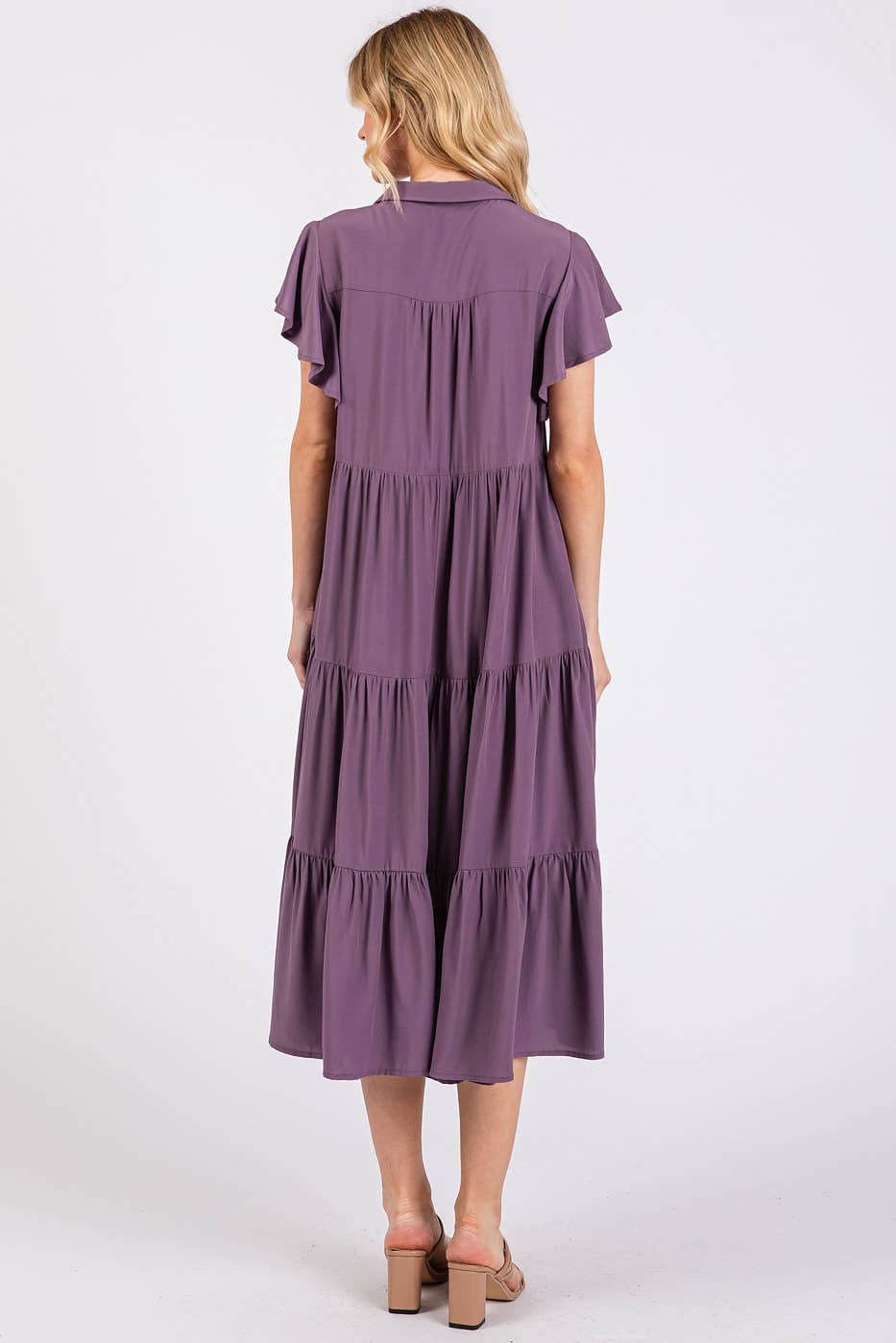 Rowan Ruffle Sleeve Collared Midi Dress ~ Faded Plum