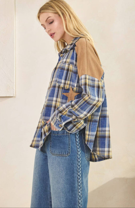 Skylar Star Patchwork Plaid Flannel Shirt ~ Blue