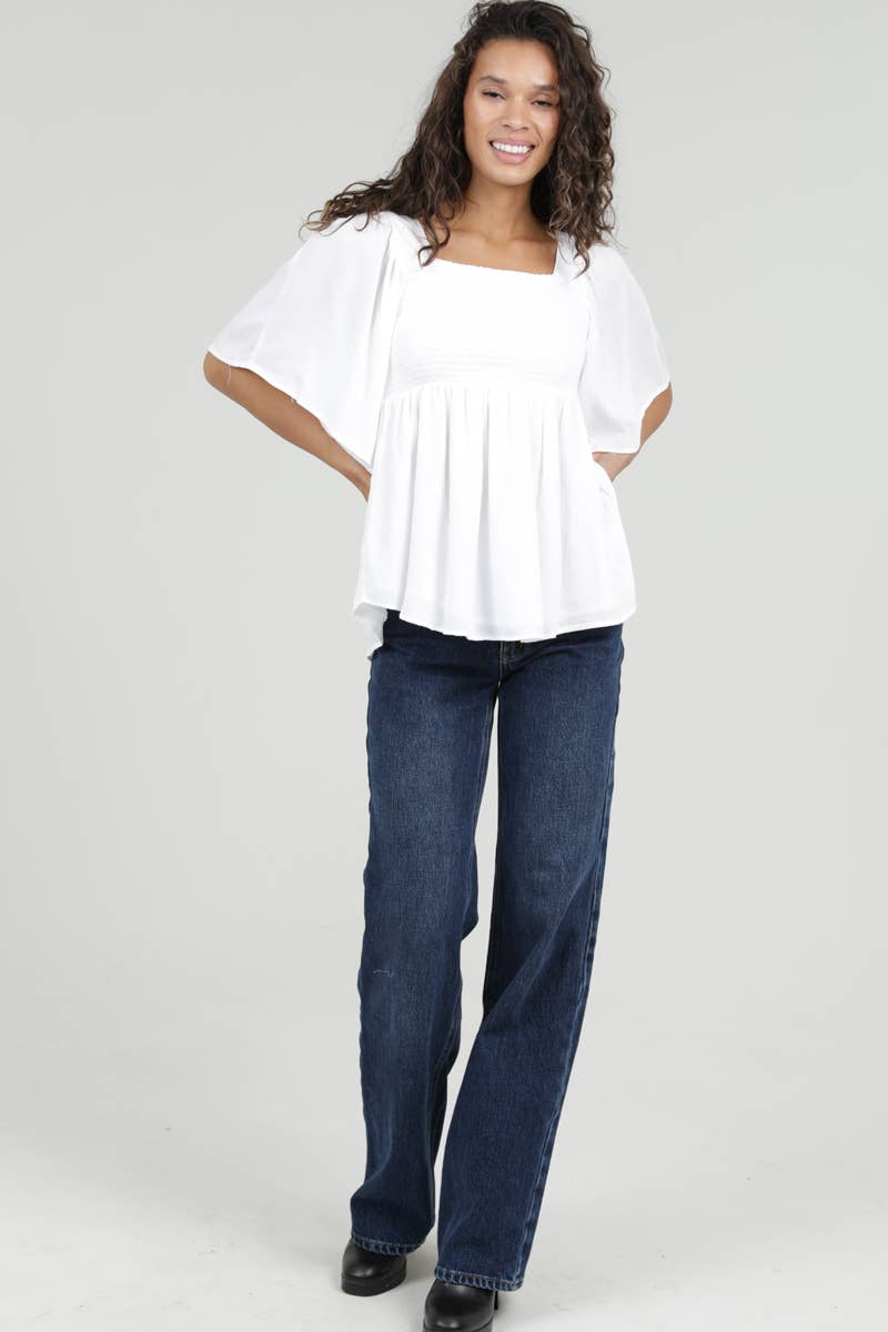 Samatha Smocked Wide Sleeve Top ~ White