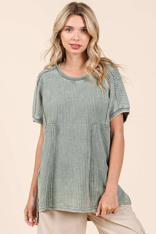 Ella Mineral Wash Waffle Knit Tunic Top ~ Matcha