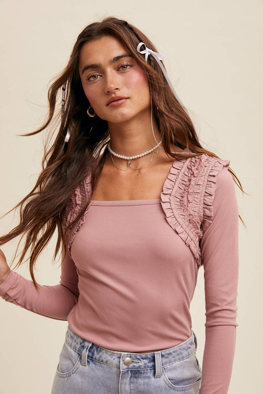 Sophie Square Neck Ruffle Accent Top ~ Dusty Rose