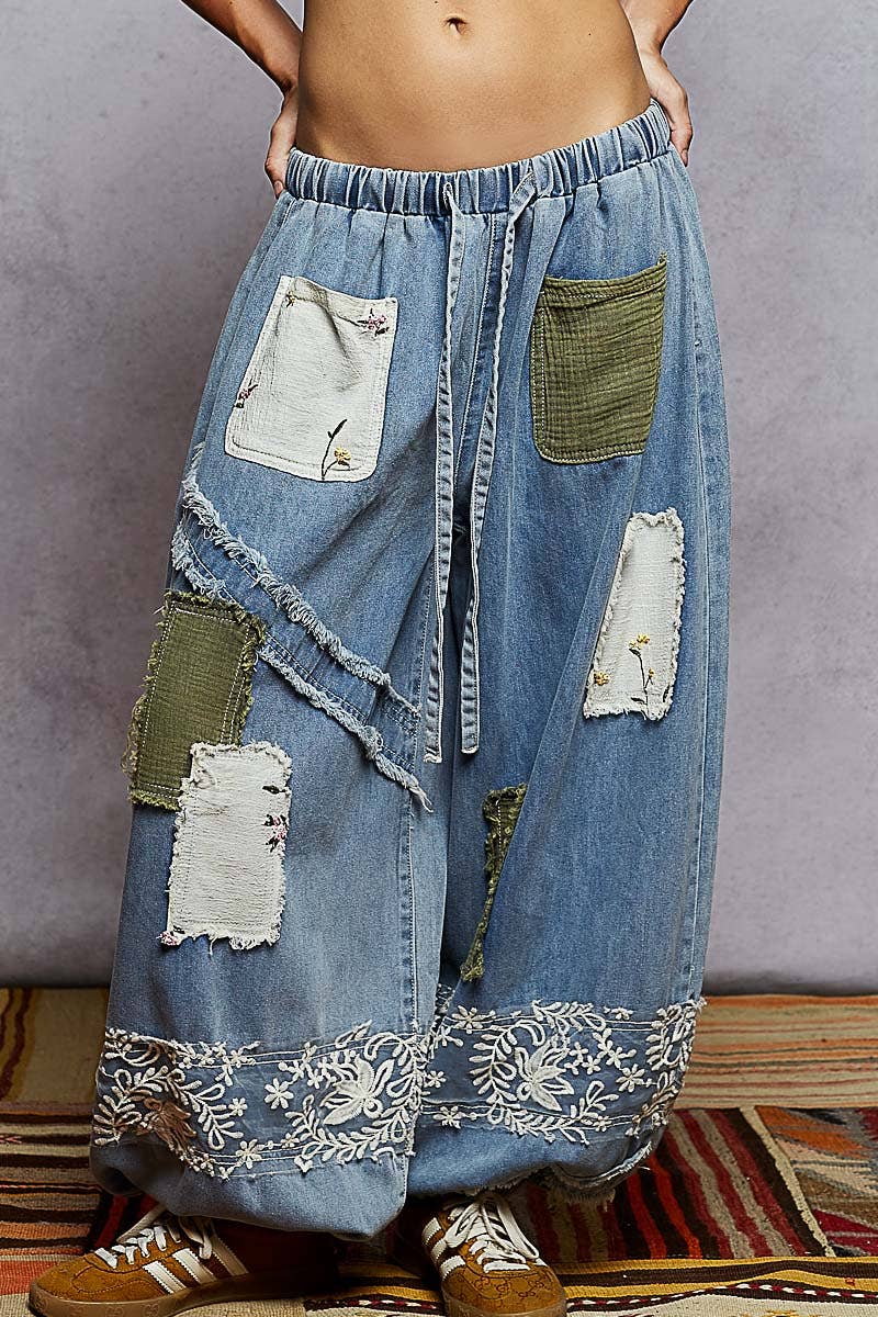 POL Floral Patch Lace Jogger Pant ~ Light Denim