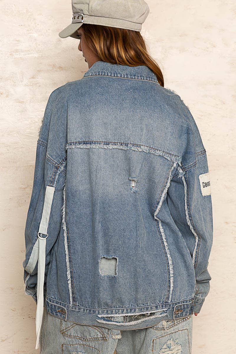 Remma Oversize Patch Detail Frayed Edge Jacket ~ Light Denim