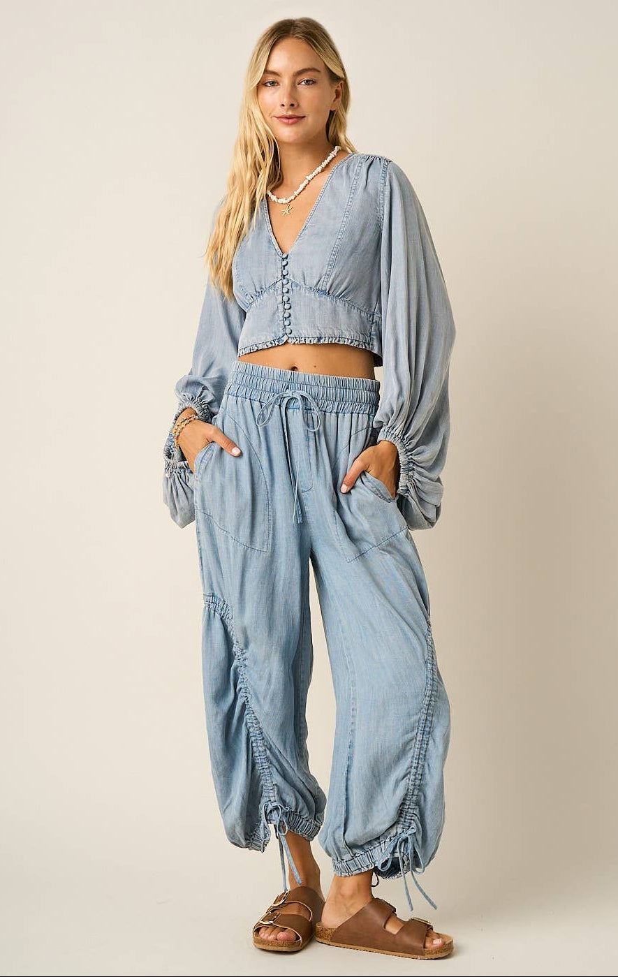 Whitley Washed Chambray Adjustable Leg Balloon Pants ~ Light Denim