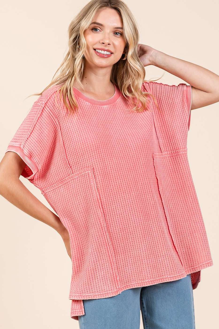Ella Mineral Wash Waffle Knit Tunic Top ~ Coral