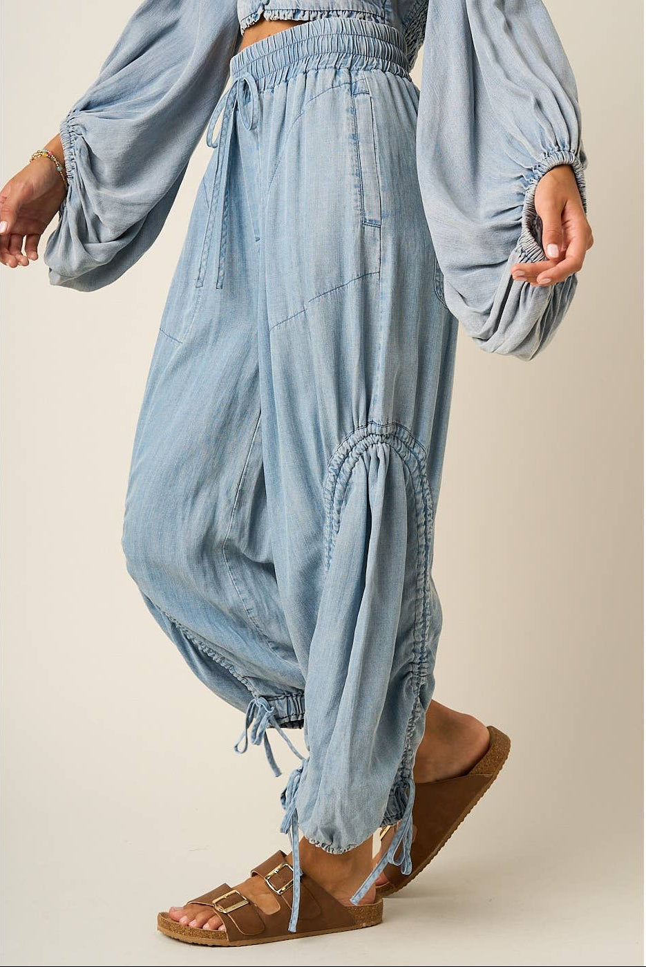 Whitley Washed Chambray Adjustable Leg Balloon Pants ~ Light Denim