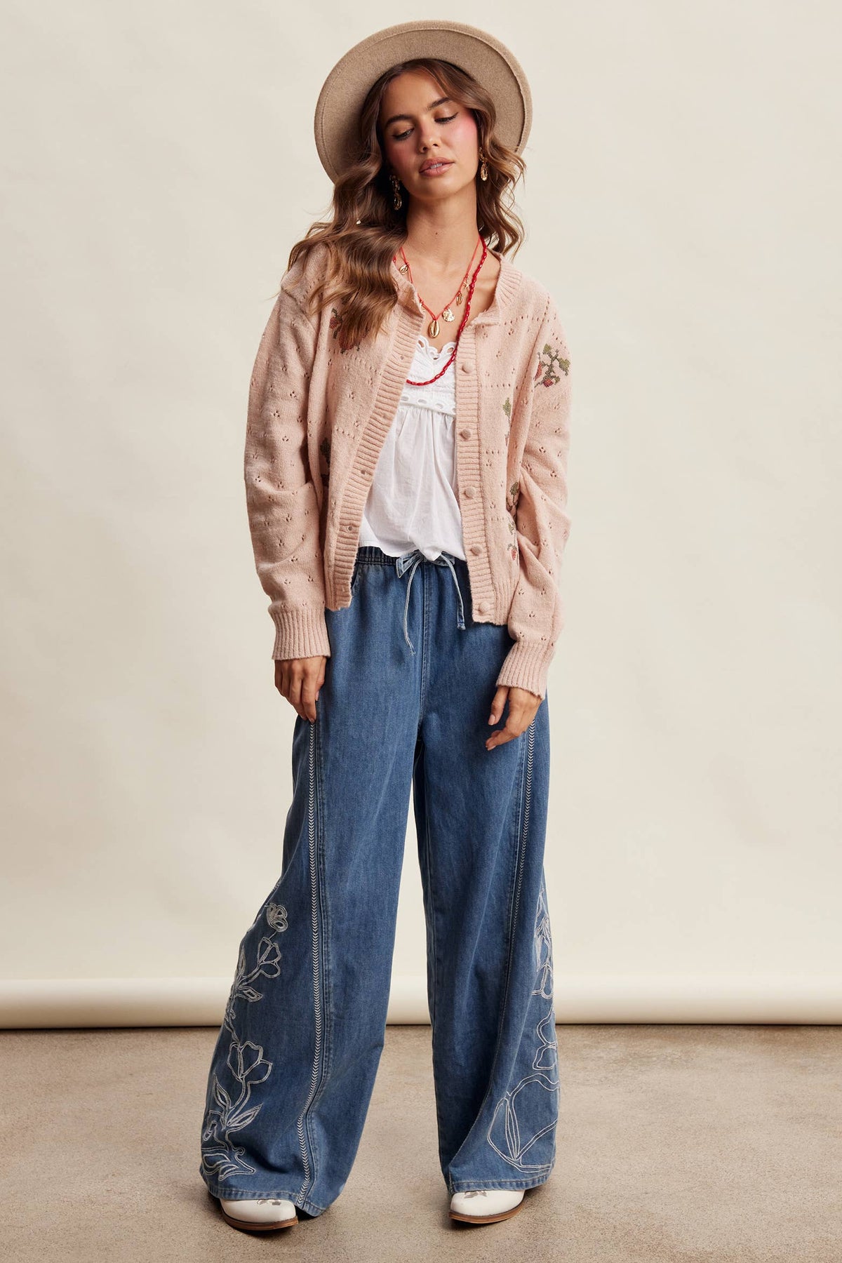 Emma Embroidered Wide Leg Denim Pants ~ Sunwash Blue