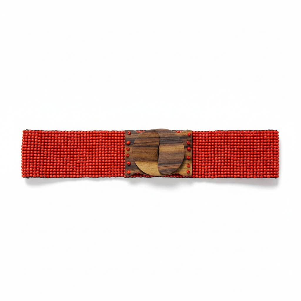 Stretchable Boho Chic Glass Beaded Belt with Wooden Buckle