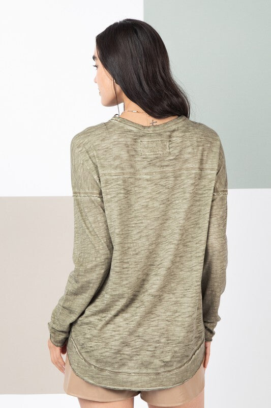 Adelle Raw Edge Detail Washed Top ~ Olive