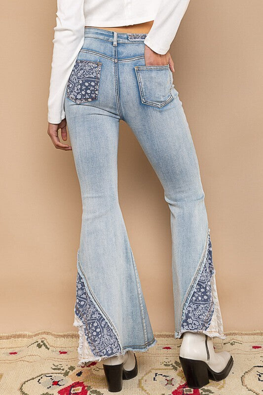 Bexley Asymmetrical Patch Flare Jeans ~ Light Deni