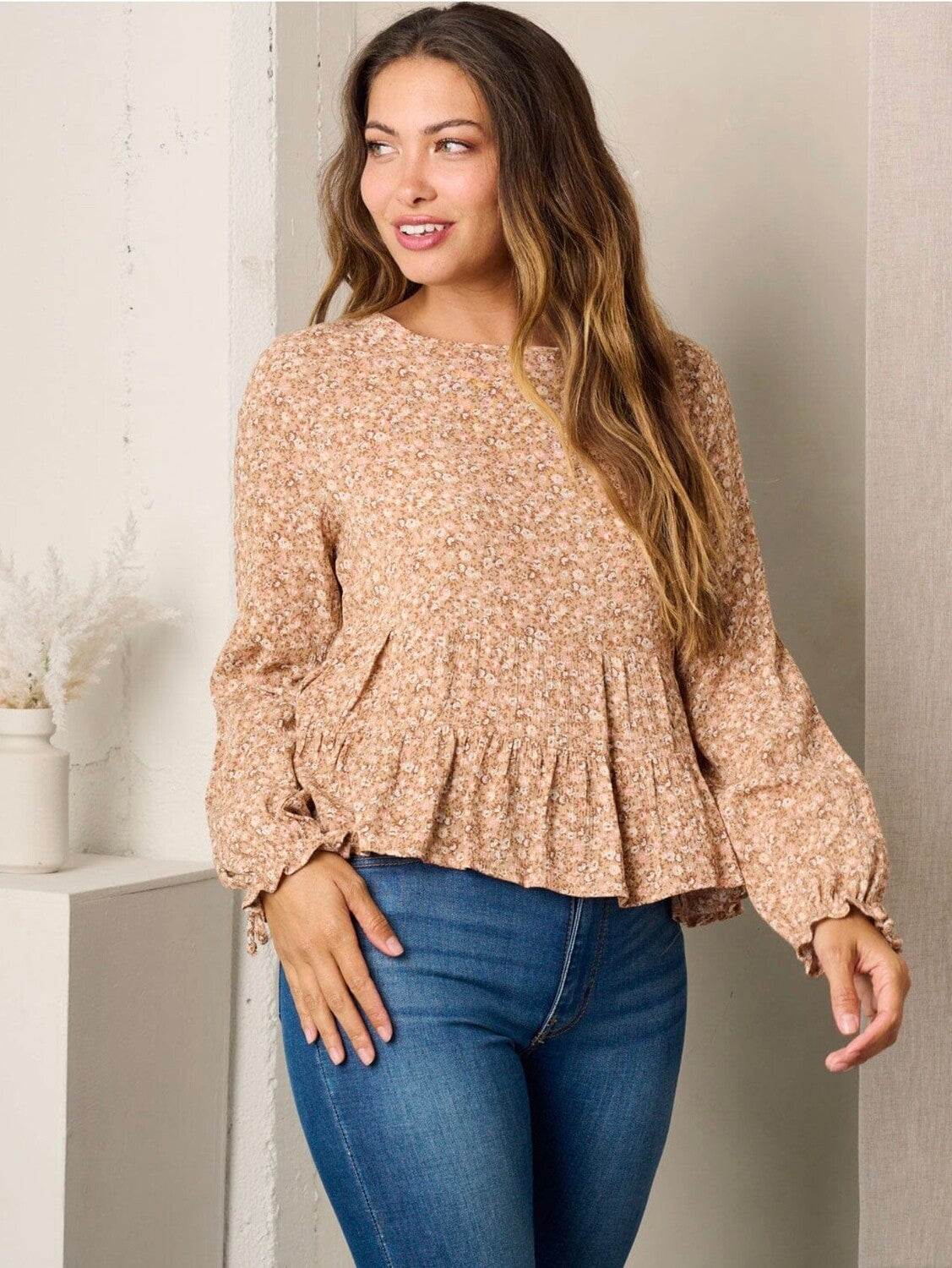 Avery Floral Peplum Top ~ Taupe