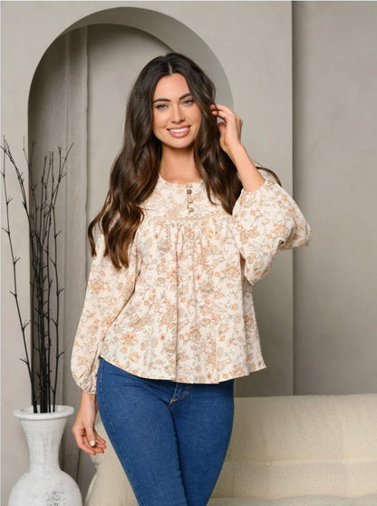 Brooklyn Button Detail Floral Top ~ Cream