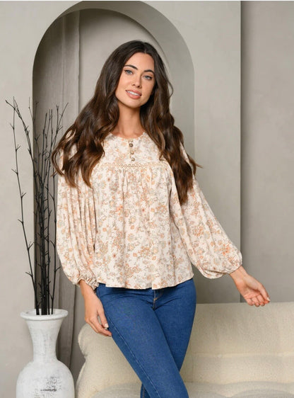 Brooklyn Button Detail Floral Top ~ Cream