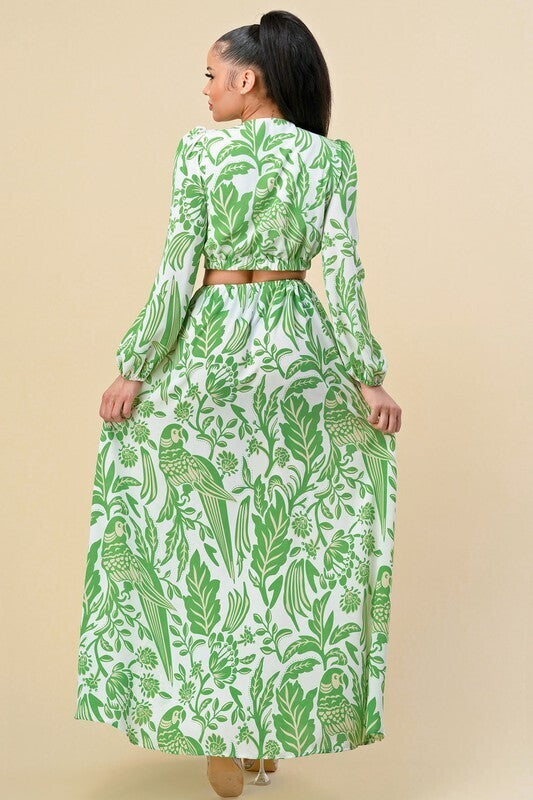 Camille Chiffon O Ring Detail Floral Dress ~ Green